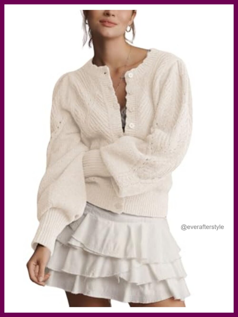 Women's Pointelle Knit Cardigan, Puff Sleeve, Scalloped Trim, Open Front